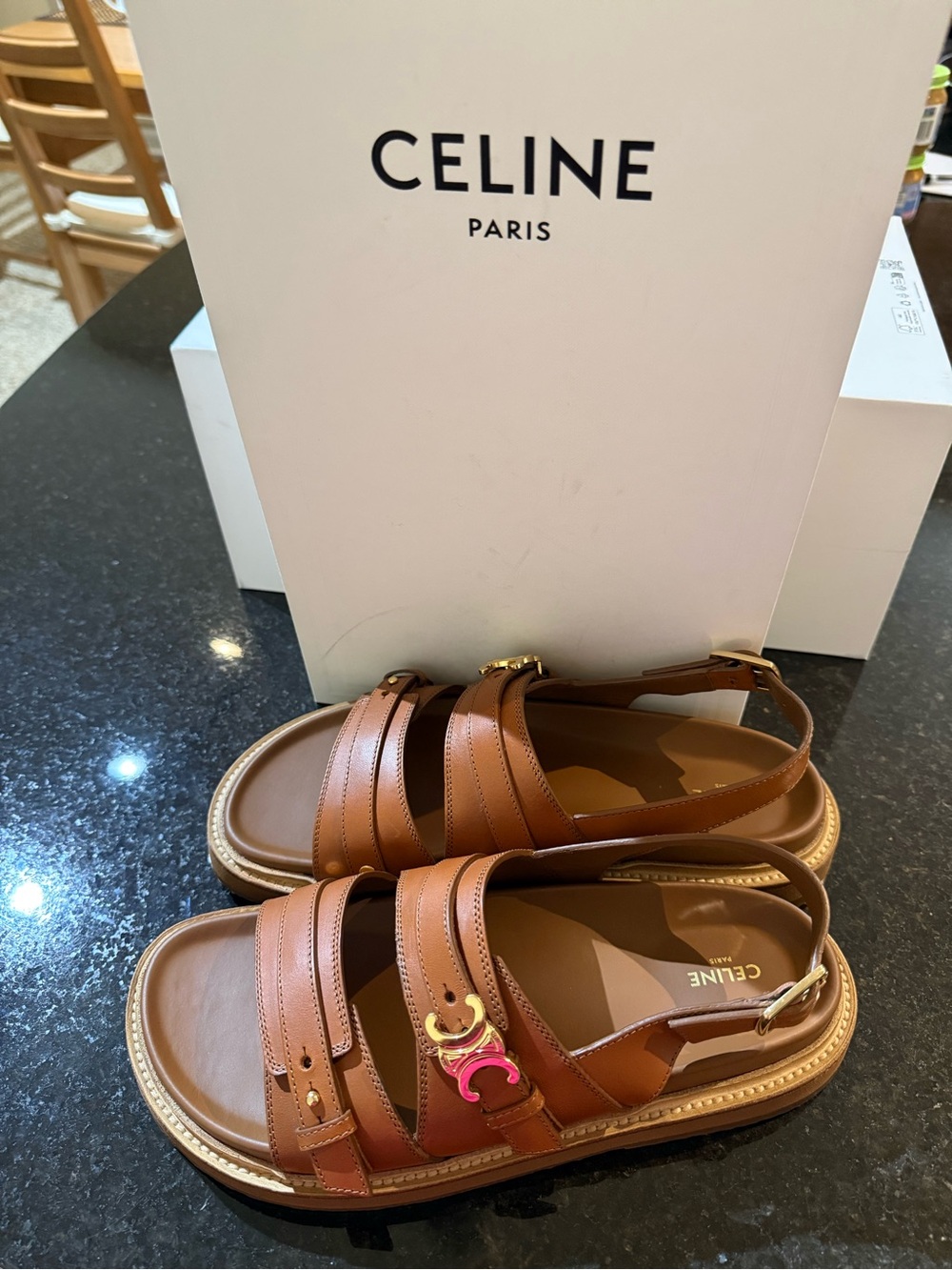 Celine Triomphe  Leather Brown Double-Strap Slingback Sandal with Gold Accent - Picture 6 of 16